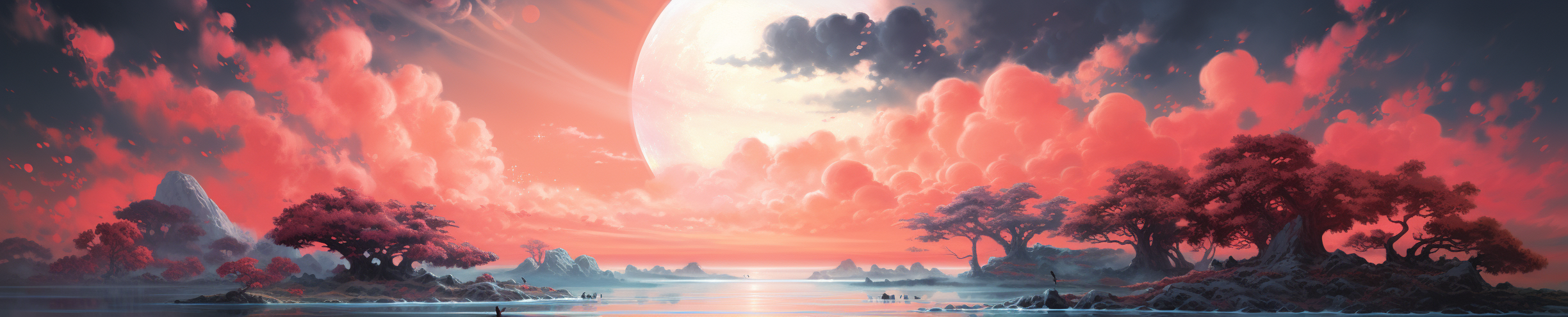 istant landscape, in the style of digital fantasy landscapes, calm seas and skies, light red and light pink