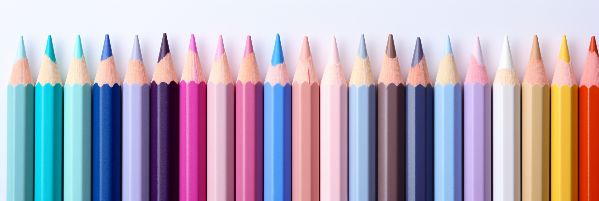 Row of sharpened colored pencils of varying colors.